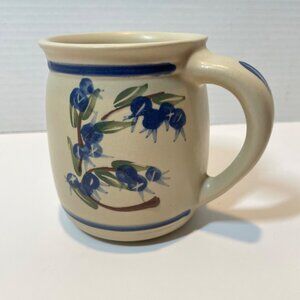 Hand-Painted Pottery Mug with Blue Floral Design & Handle Signed